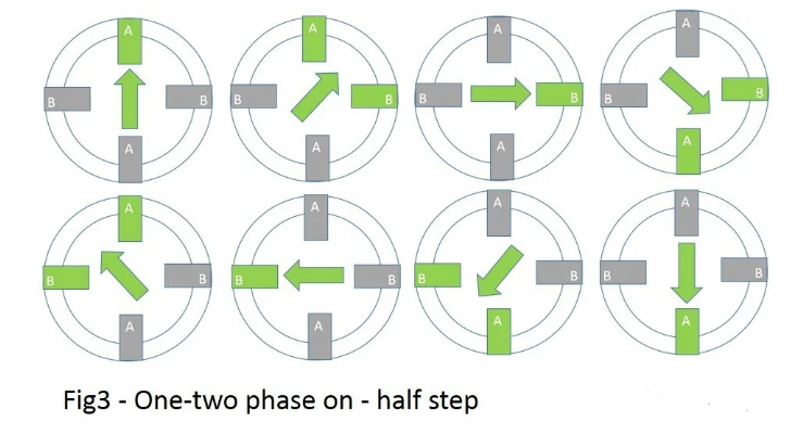 单相和双相交替通电，实现半步驱动的概念。单相通电时，线圈产生磁场，磁铁因为磁场的吸引力，指向通电的线圈。双相通电时，因为两个线圈都产生磁场，所以合成磁场让转子处于中间平衡位置。